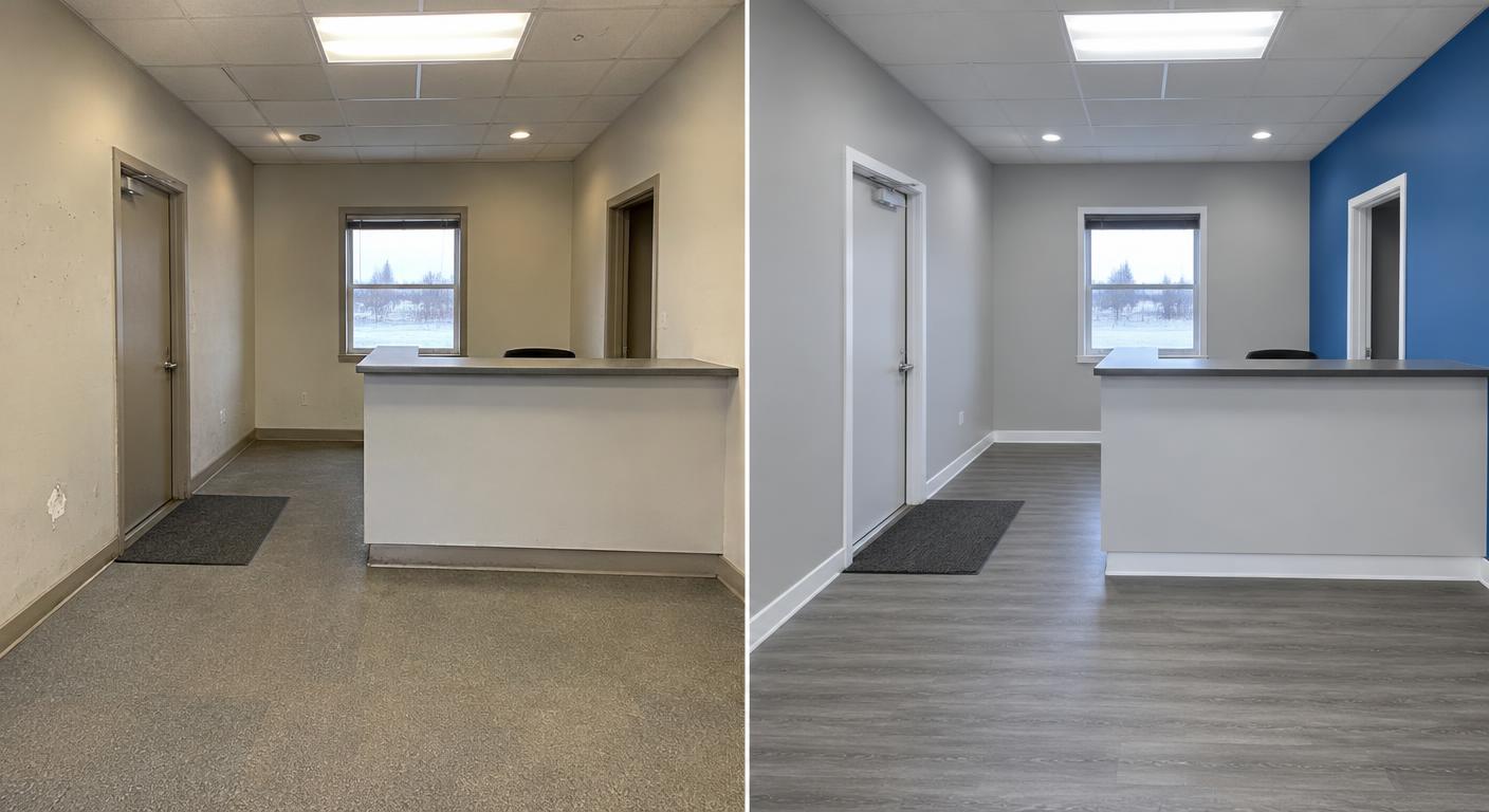 Illustrative split view of an office reception before and after a refresh — before