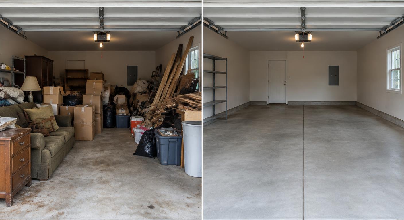Illustrative example of a packed garage cleared to a clean floor — before