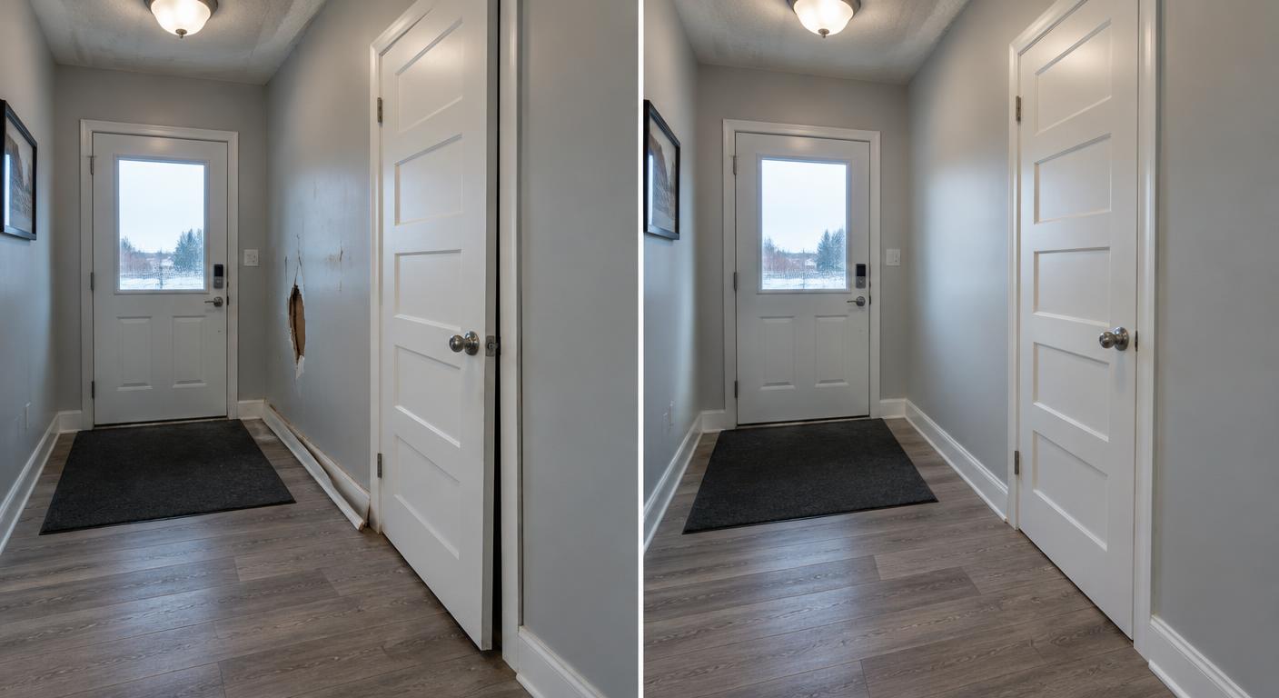 Illustrative split view of an entryway before and after maintenance repairs — before