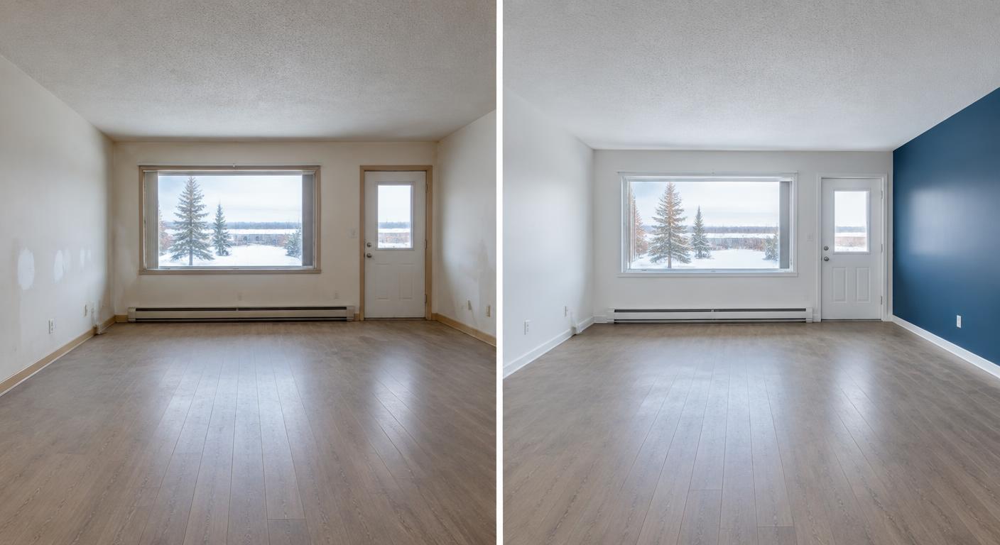 Illustrative split view of a living room before and after an interior paint refresh — before