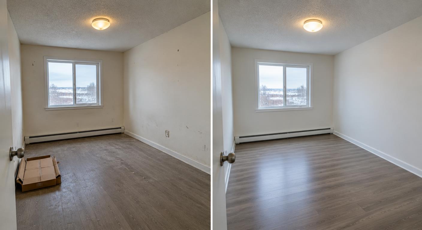 Illustrative split view of a rental room before and after a coordinated turnover — before